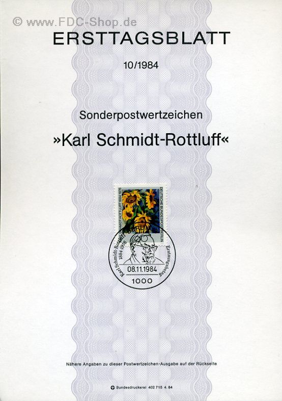 Ersttagsblatt Berlin (10/1984) Mi-Nr: 728, 100. Geburtstag von Karl Schmidt-Rottluff