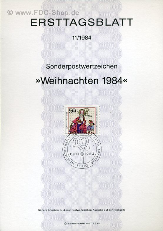 Ersttagsblatt Berlin (11/1984) Mi-Nr: 729, Weihnachten 1984