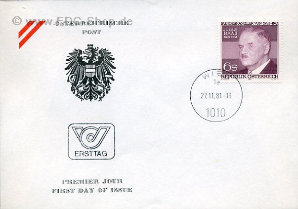 Ersttagsbrief Österreich Mi-Nr: 1690, 90. Geburtstag von Julius Raab