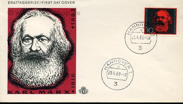 Ersttagsbrief BUND Mi-Nr: 558, 150. Geburtstag von Karl Marx