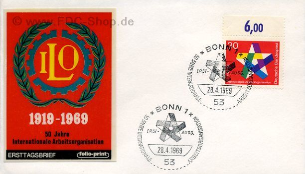 Ersttagsbrief BUND Mi-Nr: 582, 50 Jahre Internationale Arbeiterorganisationen (IOA)