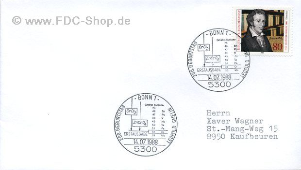 Ersttagsbrief BUND Mi-Nr: 1377, 200. Geburtstag von Leopold Gmelin