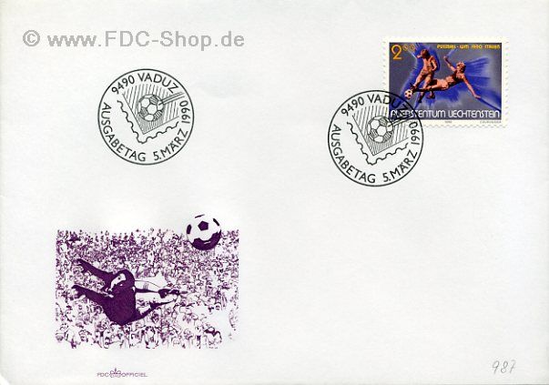 Ersttagsbrief Liechtenstein Mi-Nr: 987, Fussball-WM Italien 1990