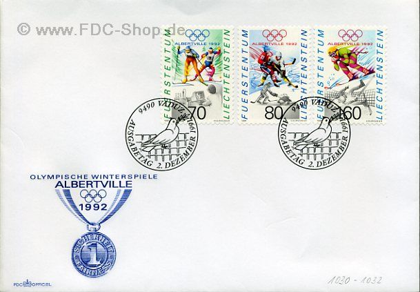 Ersttagsbrief Liechtenstein Mi-Nr: 1030-1032, Olympische Winterspiele, Albertville 1992