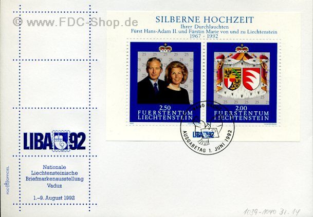 Ersttagsbrief Liechtenstein Mi-Nr: 1039-1040, LIBA '92 - Silberhochzeit des Fürstenpaares (Block 14)