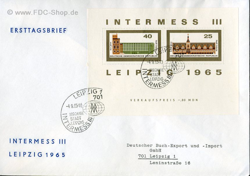 Ersttagsbrief DDR Mi-Nr: 1127+1128, 800 Jahre Stadt Leipzig (Block 24) Buchexport