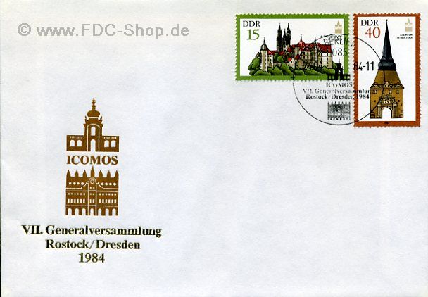 Ersttagsbrief DDR Mi-Nr: 2870-2871, Generalversammlung der Internationalen Gesellschaft für Denkmalpflege (ICOMOS), Rostock und Dresden