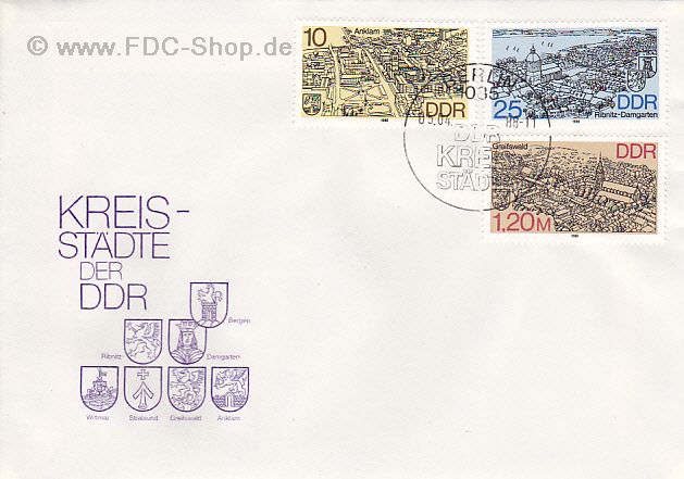 Ersttagsbrief DDR Mi-Nr: 3162+3163+3166, Stadtansichten: Kreisstädte im Norden der DDR