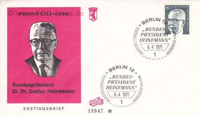 Ersttagsbrief BERLIN Mi-Nr: 367, Gustav Heinemann