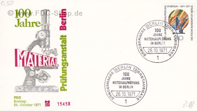 Ersttagsbrief BERLIN Mi-Nr: 416, 100 Jahre Materialprüfung in Berlin
