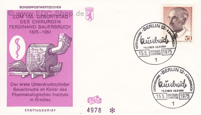 Ersttagsbrief BERLIN Mi-Nr: 492, 100. Geburtstag von Prof. Ferdinand Sauerbruch
