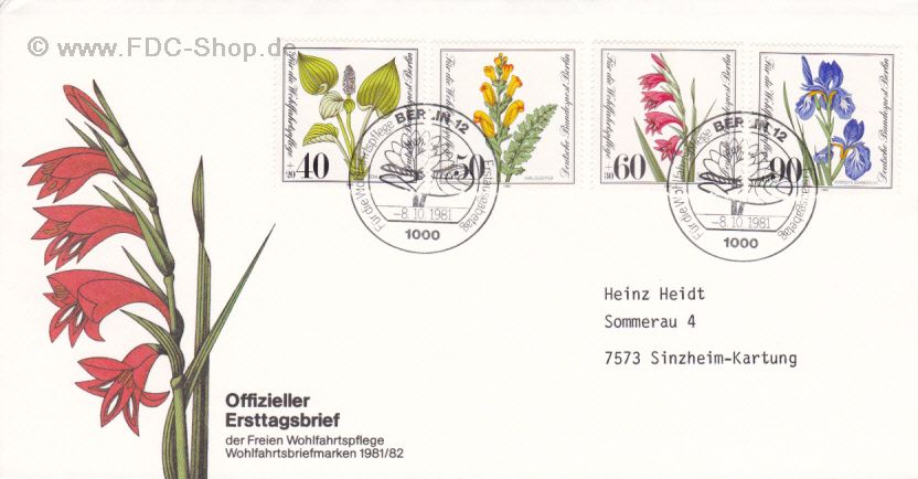 Ersttagsbrief BERLIN Mi-Nr: 650-653, Wohlfahrt; Gefährdete Mohr-, Sumpfwiesen- und Wasserpflanzen