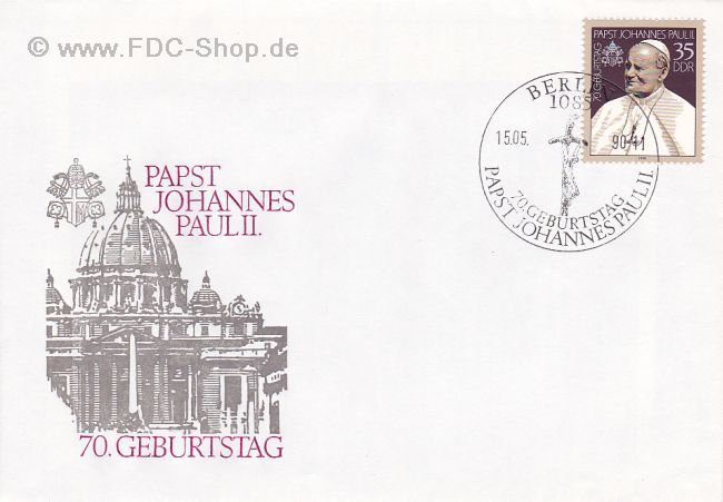 Ersttagsbrief DDR Mi-Nr: 3337, 70. Geburtstag von Papst Johannes Paul II.