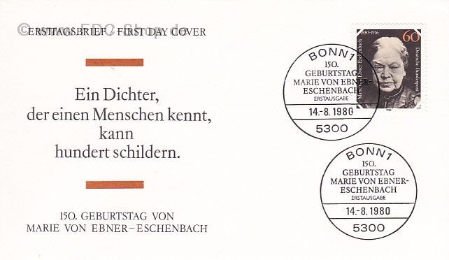 Ersttagsbrief BUND Mi-Nr: 1057, 150. Geburtstag von Marie Freifrau von Ebner-Eschenbach