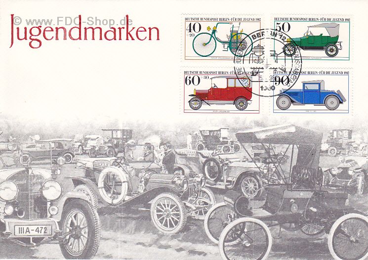 Ersttagsbrief BERLIN Mi-Nr: 660-663, Jugend: Historische Kraftfahrzeuge