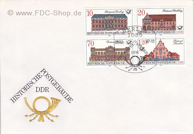 Ersttagsbrief DDR Mi-Nr: 3067-3070, Historische Postgebäude (Viererblock)
