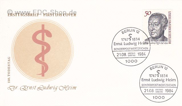 Ersttagsbrief BERLIN Mi-Nr: 723, 150. Todestag von Dr. Ernst-Ludwig Heim