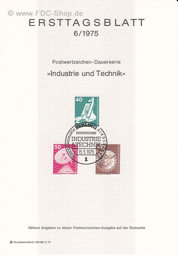 Ersttagsblatt Berlin (06/1975) Mi-Nr: 498+499+502, Freimarken: Industrie und Technik
