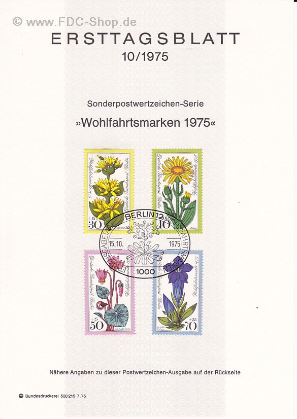 Ersttagsblatt Berlin (10/1975) Mi-Nr: 510-513, Wohlfahrt: Alpenblumen