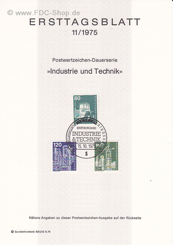 Ersttagsblatt Berlin (11/1975) Mi-Nr: 501+503+505, Freimarken: Industrie und Technik