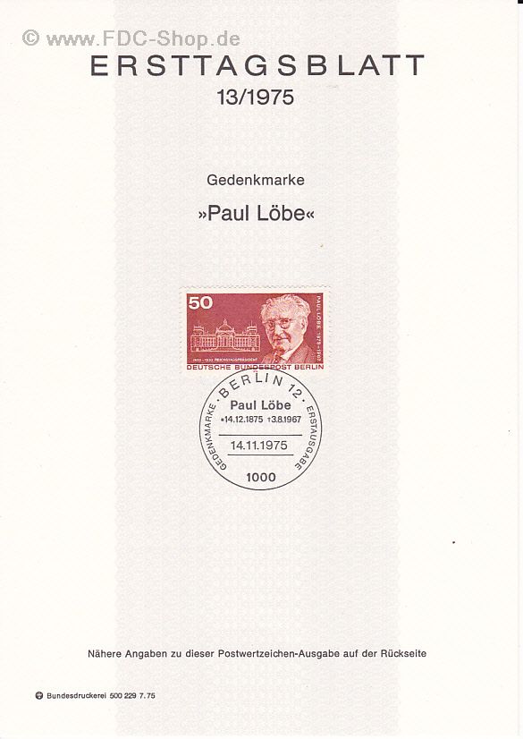 Ersttagsblatt Berlin (13/1975) Mi-Nr: 515, 100. Geburtstag von Paul Löbe