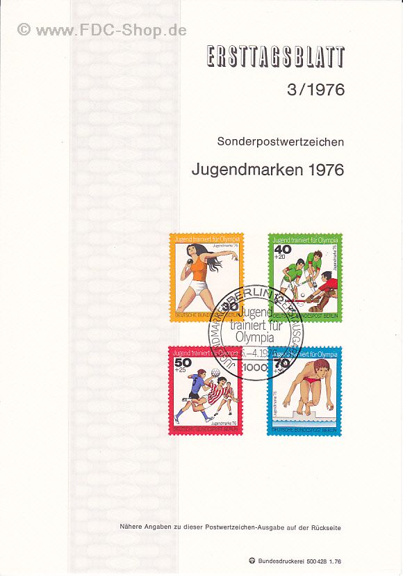 Ersttagsblatt Berlin (03/1976) Mi-Nr: 517-520, Jugendmarken: Jugend trainiert für Olympia