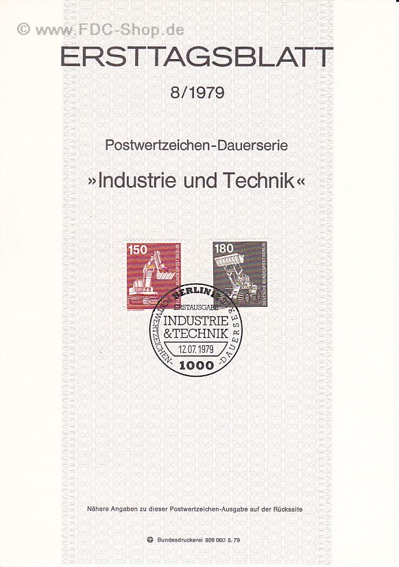 Ersttagsblatt Berlin (08/1979) Mi-Nr: 584-585, Freimarken: Industrie und Technik