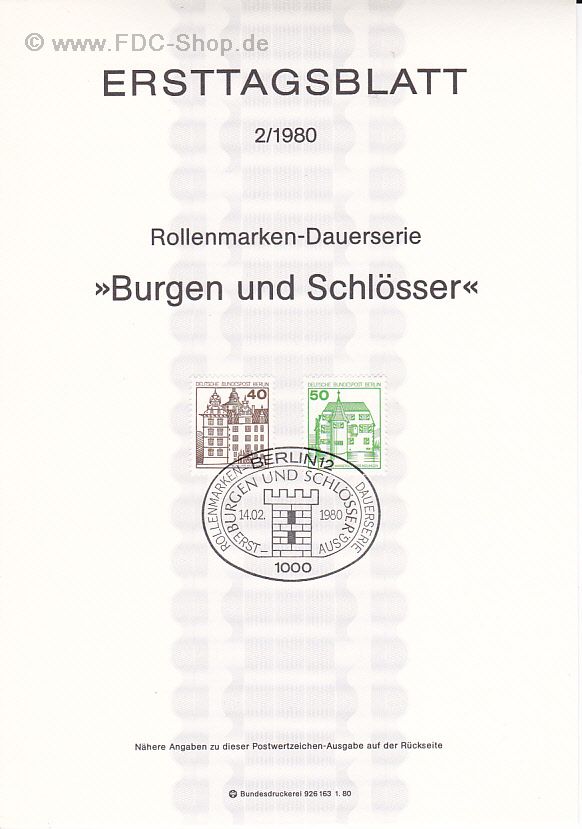 Ersttagsblatt Berlin (02/1980) Mi-Nr: 614-615, Freimarken:Burgen und Schlösser