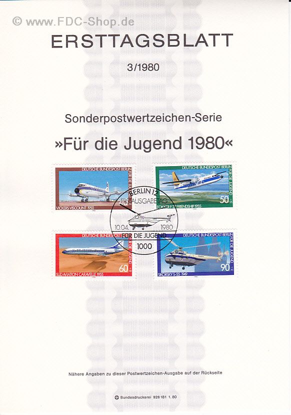 Ersttagsblatt Berlin (03/1980) Mi-Nr: 617-620, Jugend: Luftfahrt