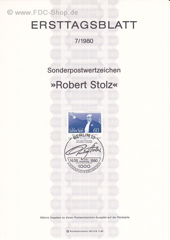 Ersttagsblatt Berlin (07/1980) Mi-Nr: 627, 100. Geburtstag von Robert Stolz