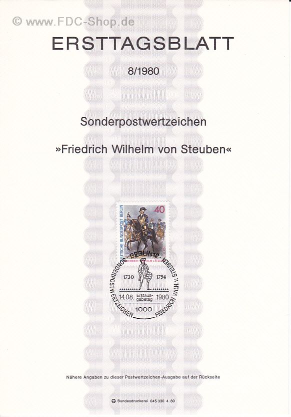 Ersttagsblatt Berlin (08/1980) Mi-Nr: 628, 250. Geburtstag von Friedrich Wilhelm von Steuben