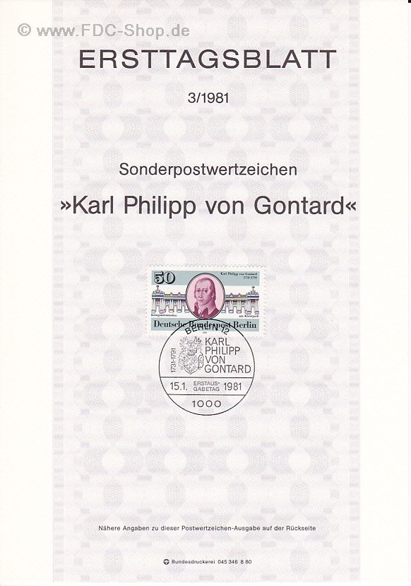 Ersttagsblatt Berlin (03/1981) Mi-Nr: 639, 250. Geburtstag von Karl Philipp von Gontard