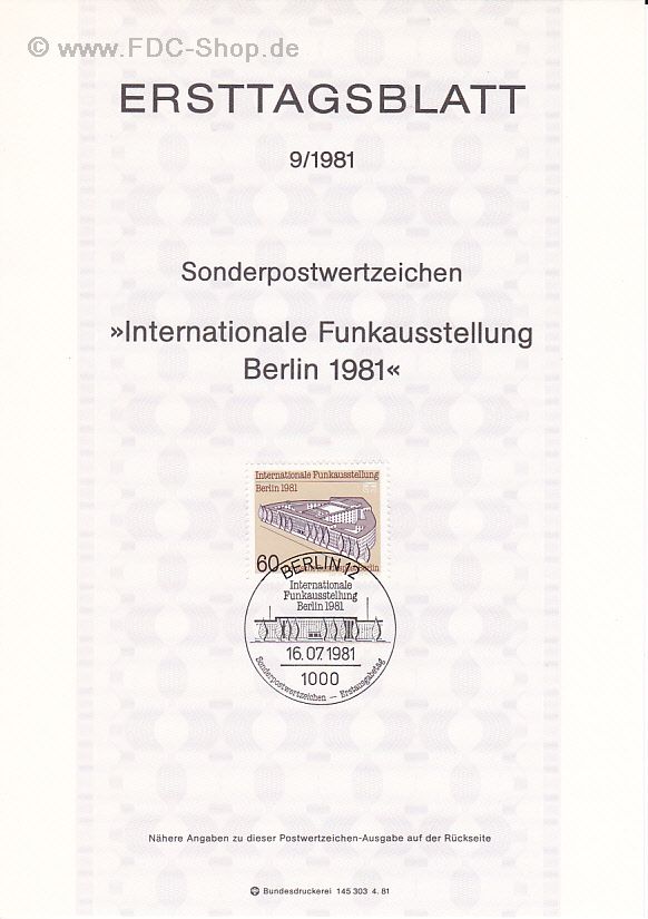 Ersttagsblatt Berlin (09/1981) Mi-Nr: 649, Internationale Funkausstellung (IFA), Berlin
