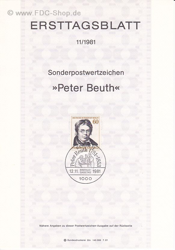 Ersttagsblatt Berlin (11/1981) Mi-Nr: 654, 200. Geburtstag von Peter Christian Wilhelm Beuth