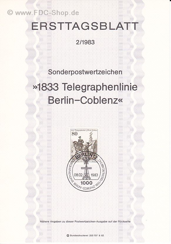 Ersttagsblatt Berlin (02/1983) Mi-Nr: 693, 150 Jahre Telegraphenlinie Berlin-Coblenz