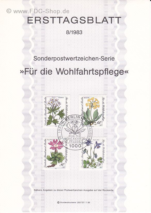 Ersttagsblatt Berlin (08/1983) Mi-Nr: 703-706, Wohlfahrt: Gefährdete Alpenblumen