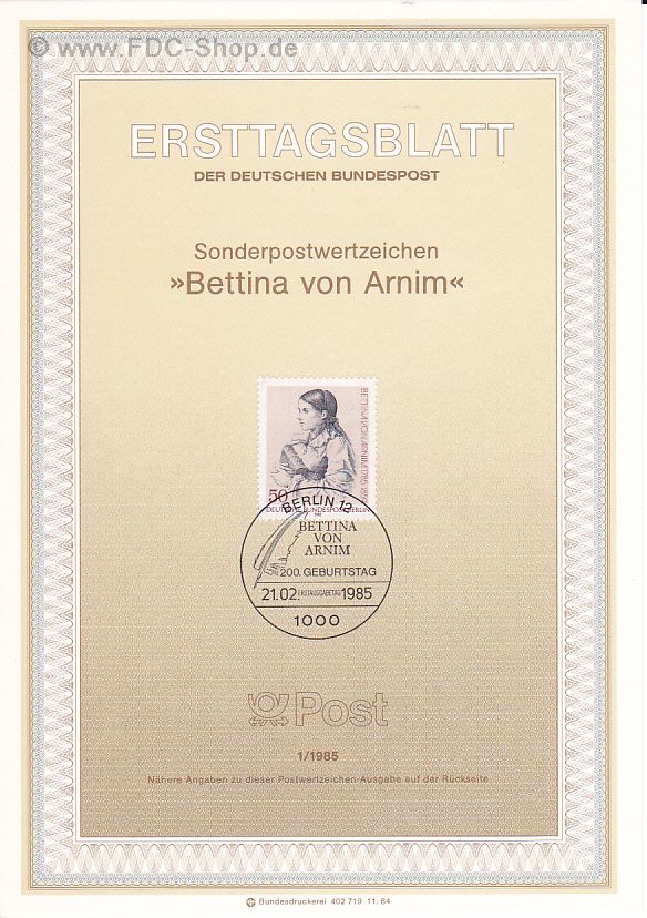 Ersttagsblatt Berlin (01/1985) Mi-Nr: 730, 200. Geburtstag von Bettina von Arnim