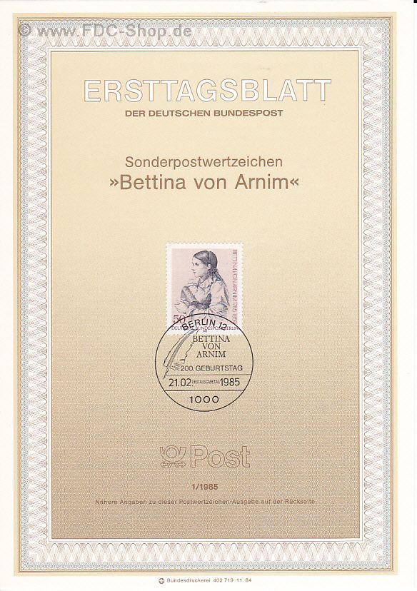 Ersttagsblatt Berlin (01/1985) Mi-Nr: 730, 200. Geburtstag von Bettina von Arnim