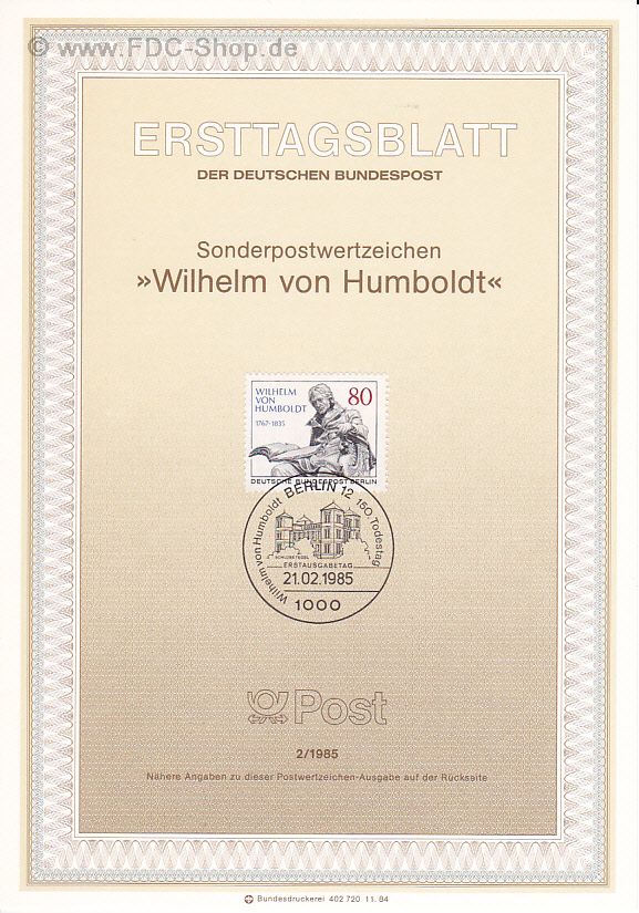 Ersttagsblatt Berlin (02/1985) Mi-Nr: 731, 150. Todestag von Wilhelm Freiherr von Humboldt