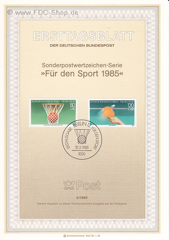 Ersttagsblatt Berlin (03/1985) Mi-Nr: 732-733, Sporthilfe
