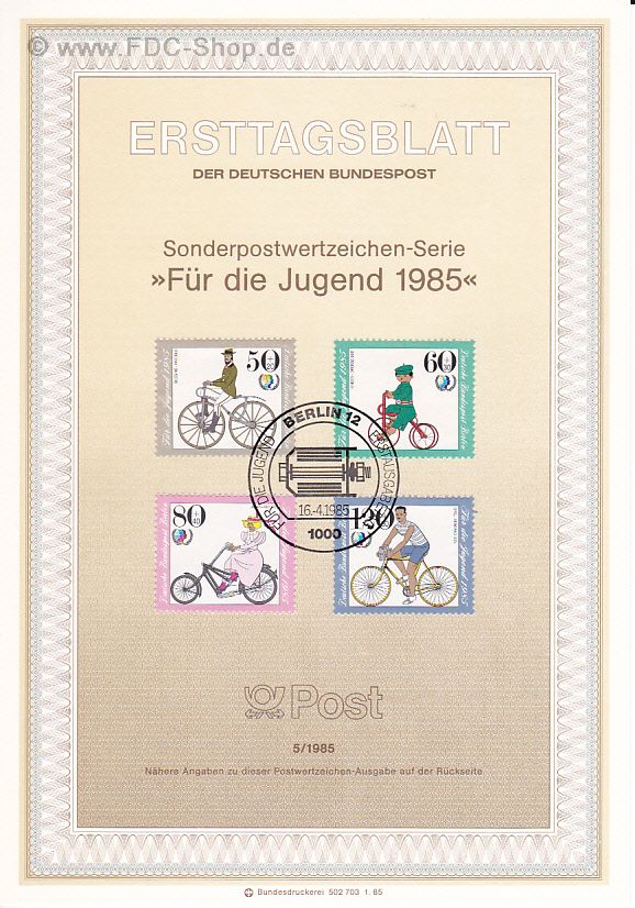 Ersttagsblatt Berlin (05/1985) Mi-Nr: 735-738, Jugend: Historische Fahrräder; Internationales Jahr der Jugend