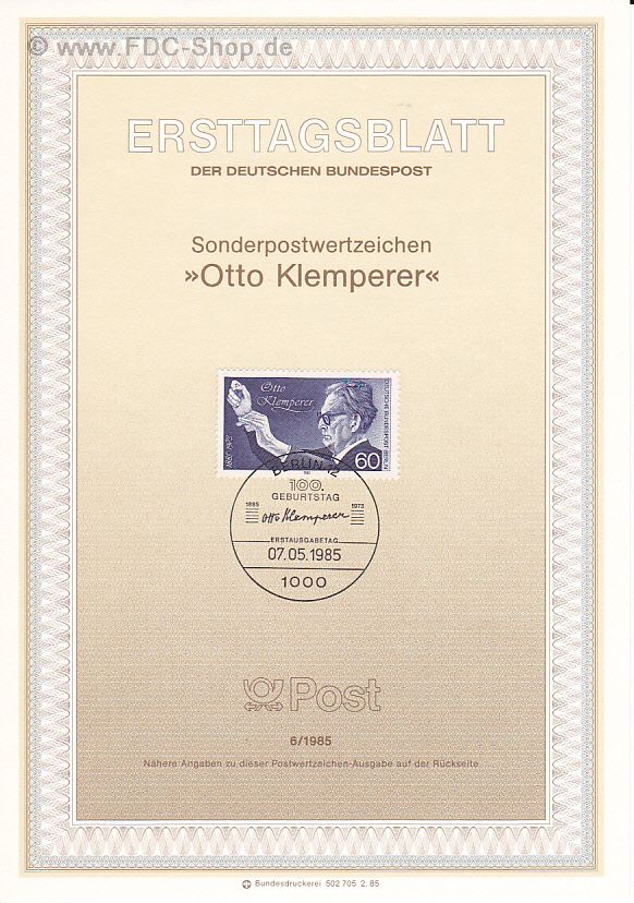 Ersttagsblatt Berlin (06/1985) Mi-Nr: 739, 100. Geburtstag von Otto Klemperer