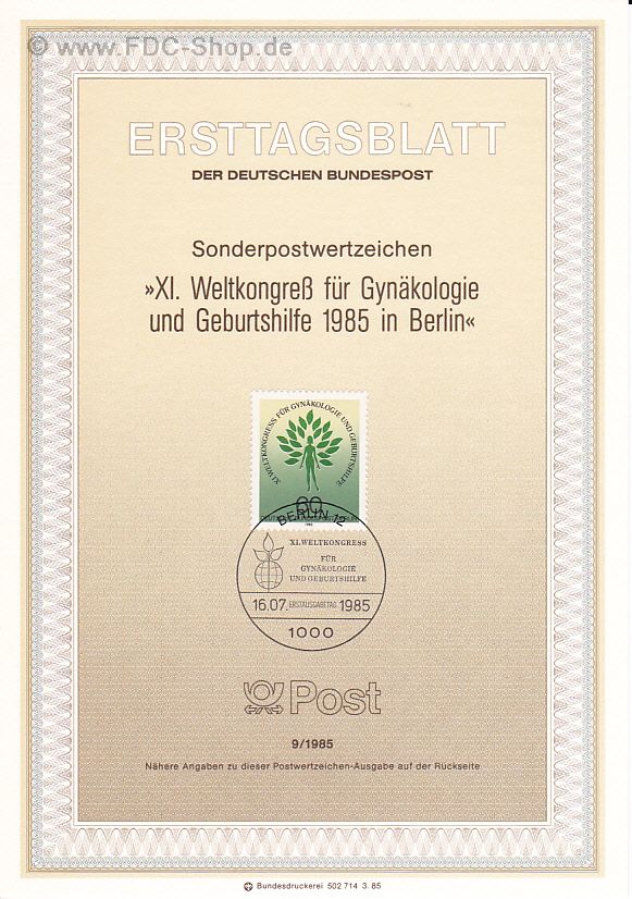 Ersttagsblatt Berlin (09/1985) Mi-Nr: 742, Weltkongreß der Internationalen Gesellschaft für Gynäkologie und Geburtshilfe (FIGO), Berlin
