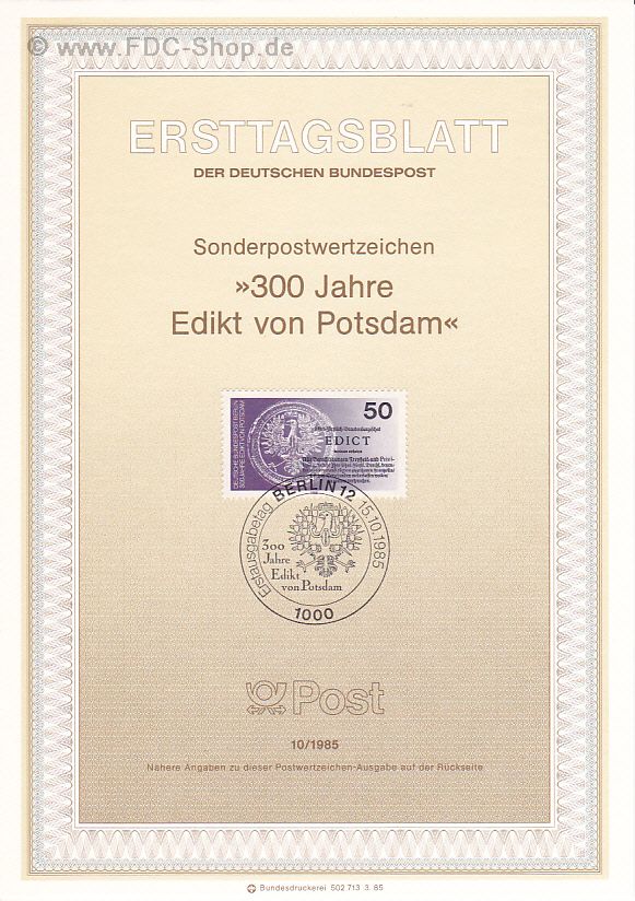 Ersttagsblatt Berlin (10/1985) Mi-Nr: 743, 300. Jahrestag der Edikts von Potsdam