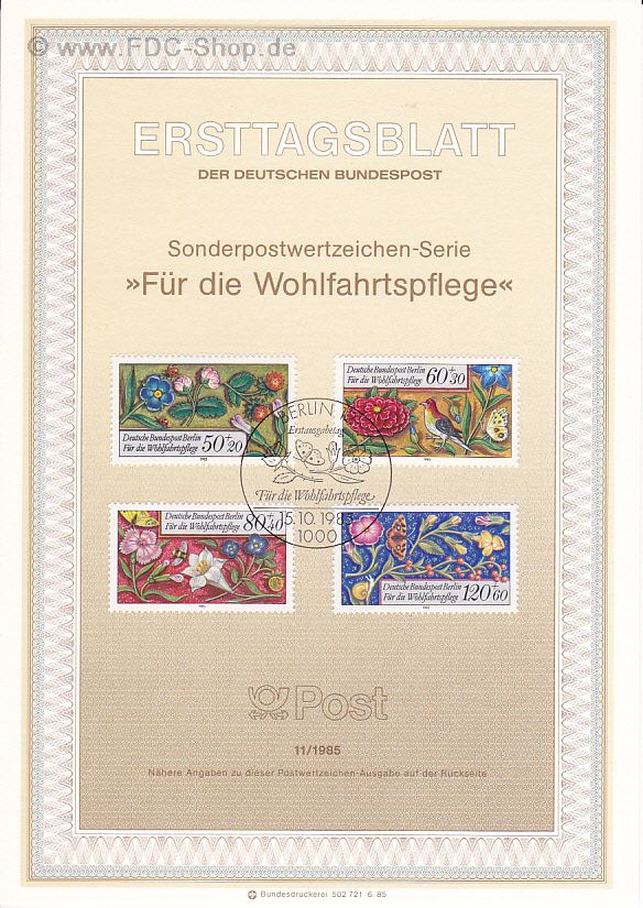 Ersttagsblatt Berlin (11/1985) Mi-Nr: 744-747, Wohlfahrt: Miniaturen