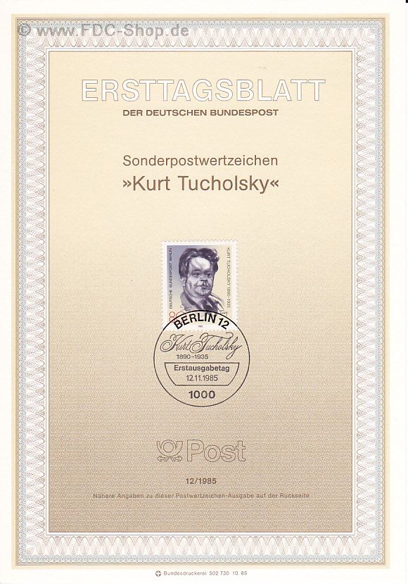 Ersttagsblatt Berlin (12/1985) Mi-Nr: 748, 50. Todestag von Kurt Tucholsky