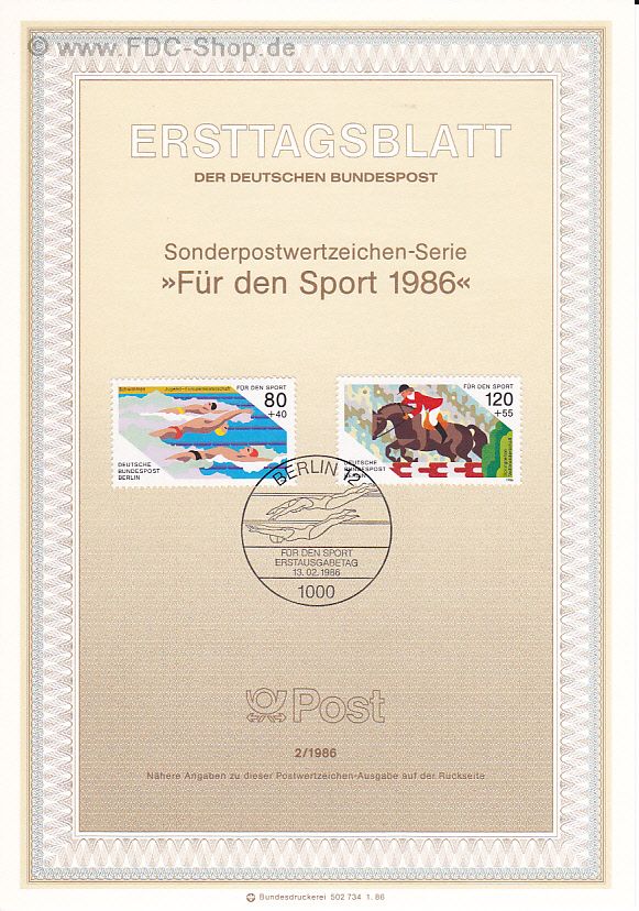 Ersttagsblatt Berlin (02/1986) Mi-Nr: 751-752, Sporthilfe