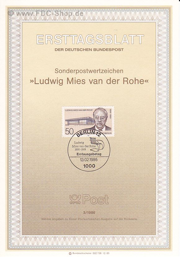 Ersttagsblatt Berlin (03/1986) Mi-Nr: 753, 100. Geburtstag von Ludwig Mies van der Rohe