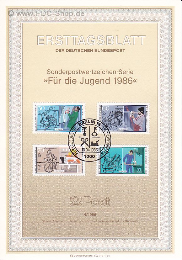 Ersttagsblatt Berlin (04/1986) Mi-Nr: 754-757, Jugend: Handwerksberufe