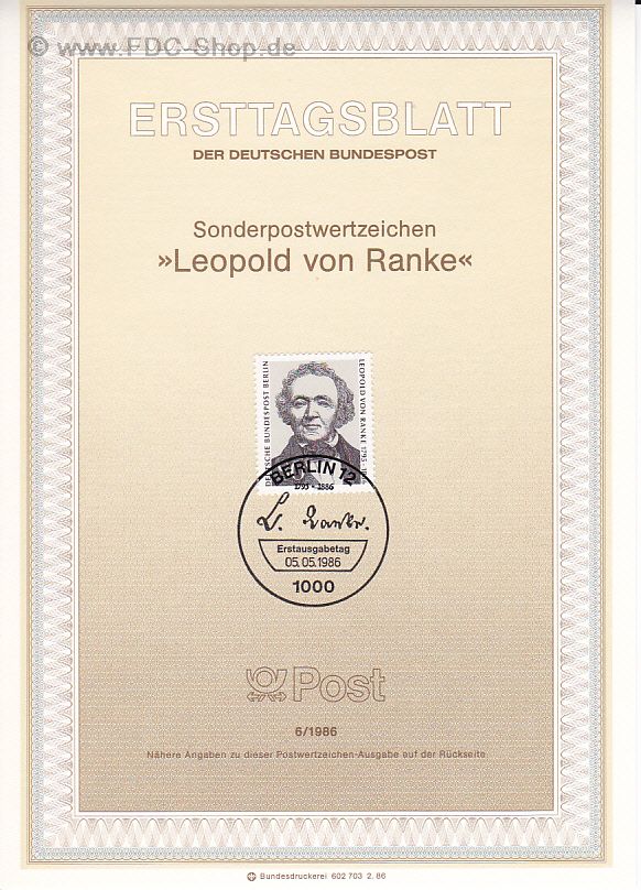 Ersttagsblatt Berlin (06/1986) Mi-Nr: 759, 100. Todestag von Leopold von Ranke